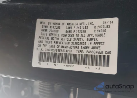 2014 Honda Accord Touring from USA, damaged, VIN 1HGCR3F94EA034200